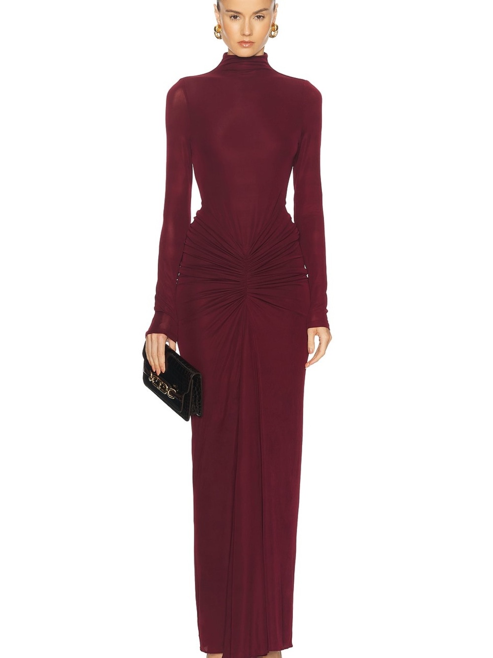 Ronny Kobo Long Sleeve High Neck Ruched Maxi Dress in Burgundy size S MSRP $500